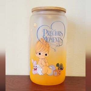 🏷3/$12 Frosted light orange Precious Moments Glass tumbler lid reusable straw